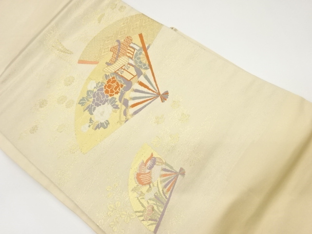 扇に御所車・鴛鴦・牡丹模様織出し名古屋帯